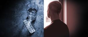 Suchterkrankter Patient und Tabletten.