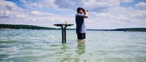 Ostsee? Nö. Werbellinsee! Ein Mann steht in den klaren Wassern Brandenburgs.