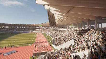 Visualisierung des neuen „Großen Stadions“ im Jahn-Sportpark.