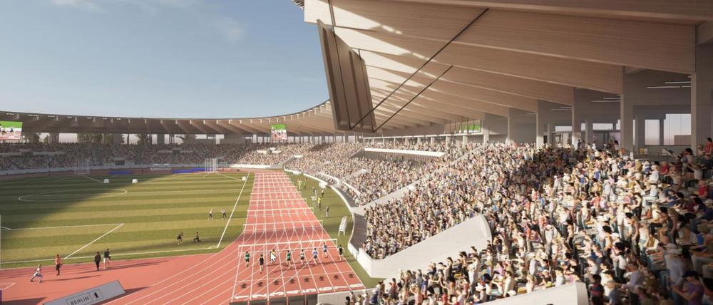 Visualisierung des neuen „Großen Stadions“ im Jahn-Sportpark.