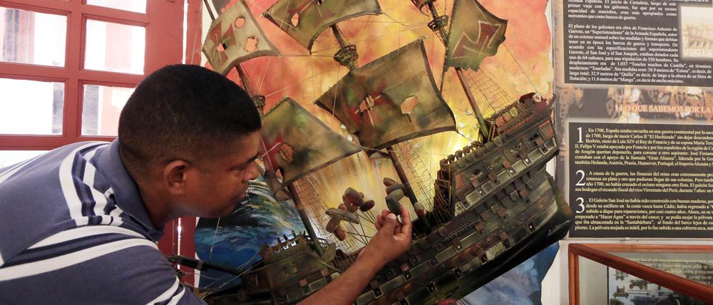 Eine Zeichnung vom vor 300 Jahren gesunkenen spanischen Galeone San José.