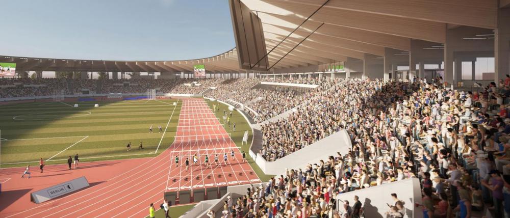 Visualisierung des neuen „Großen Stadions“ im Jahn-Sportpark.