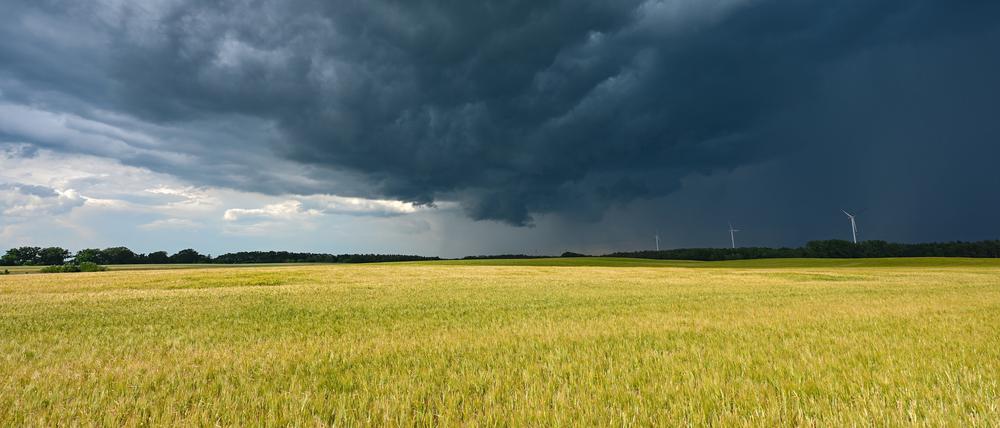 Eine Gewitterzelle mit dunklen Wolken zieht über die Landschaft im Landkreis Märkisch-Oderland in Ostbrandenburg.