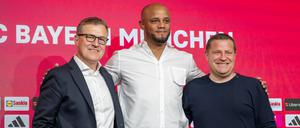 Wollen sich geschlossen präsentieren: Bayerns Vorstandschef Jan-Christian Dreesen, Cheftrainer Vincent Kompany und Sportvorstand Max Eberl (v.l.).