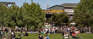 Frühling im Gleisdreieckpark vor der Kulisse von Fernsehturm und U-Bahn.