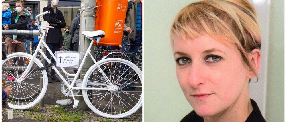 Laëtitia Graffart starb auf der Frankfurter Allee, bei einer Mahnwache wurde hier ein weißes Fahrrad zur Erinnerung angebracht. 
© IMAGO / Stefan Zeitz, Facebook / privat