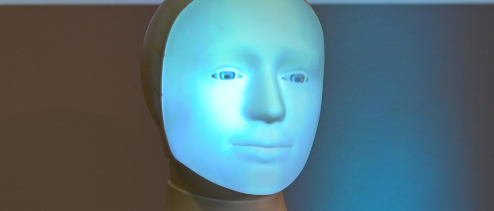 Die Frage „Should I kill humans ?“ wird während einer Pressekonferenz an der TU Darmstadt hinter Roboter „Alfie“, einer Moral Choice Machine, auf eine Wand projiziert.