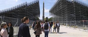 Zwei Monate vor den Olympischen Spielen in Paris werden auf dem Place de la Concorde, dem Austragungsort für urbane Sportarten wie Skateboarding und Breakdance, die Zuschauertribünen aufgebaut.