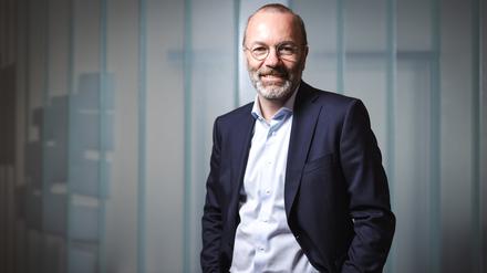 Manfred Weber (CSU, Partei- und Fraktionsvorsitzender der EVP) im Interview mit Albrecht Maier und Christoph Ziedler am 30.5.2024 im Verlagsgebäude des Tagesspiegel.
