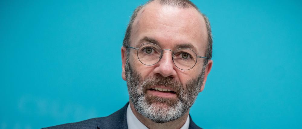Manfred Weber, Vorsitzender der EVP Fraktion im Europaparlament, spricht im März nach der gemeinsamen Sitzung der Präsidien von CDU und CSU. 