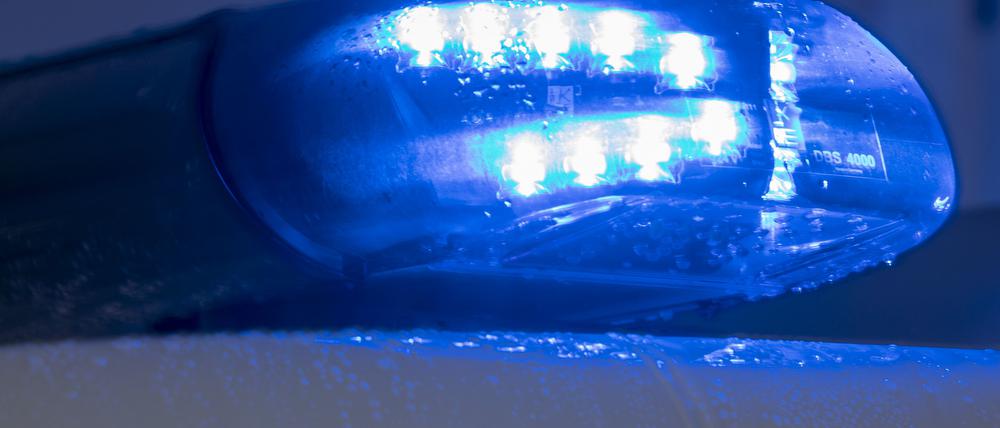 Blaulichter leuchten auf einem Streifenwagen der Landespolizei Mecklenburg-Vorpommern. 