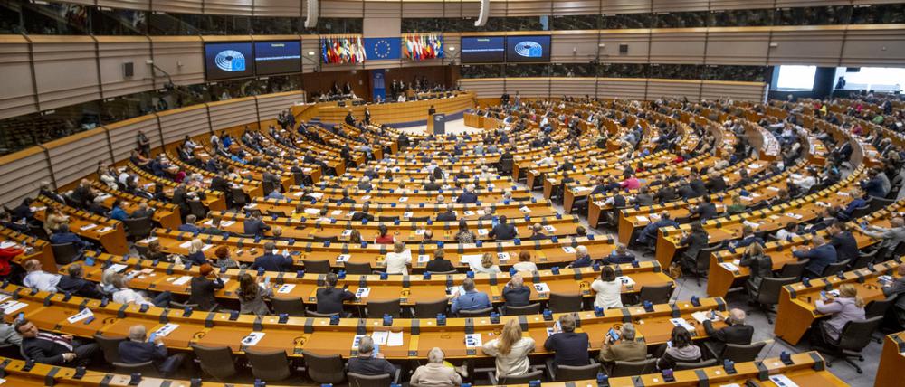 Die Abgeordneten des Europa-Parlaments sind im Plenarsaal zu einer Sitzung zusammengekommen.