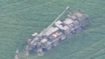 Eine russische Haubitze des Typs 2S43 Malva fährt über eine Wiese.