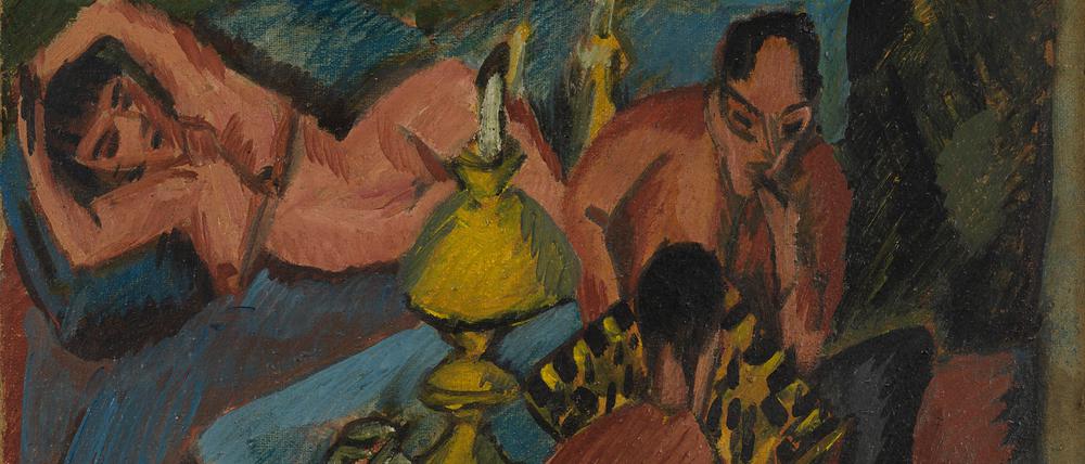 Ernst Ludwig Kirchners Gemälde „Erich Heckel und Otto Mueller beim Schach“ aus dem Jahr 1913.