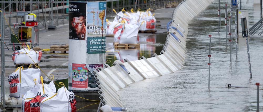 Helfer bauen Hochwasserstege und Schutzwände am Donauufer auf.