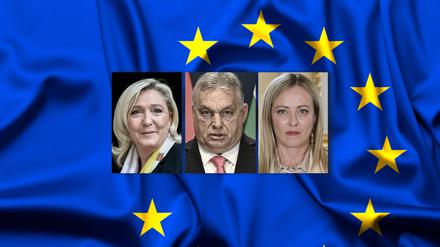 Könnten ihre Kräfte nach der Europawahl bündeln: Marine Le Pen, Viktor Orbán, Giorgia Meloni (v.l.n.r.).