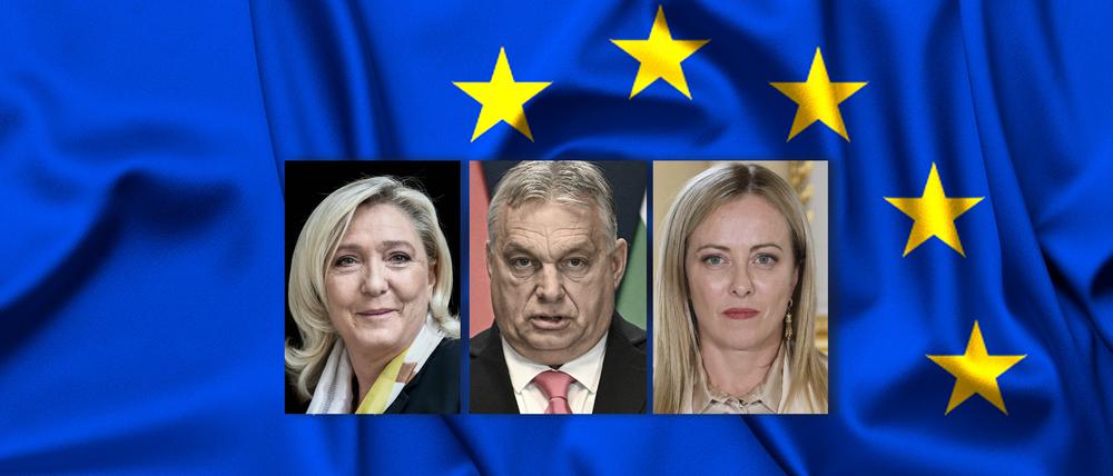 Könnten ihre Kräfte nach der Europawahl bündeln: Marine Le Pen, Viktor Orbán, Giorgia Meloni (v.l.n.r.).