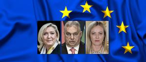 Könnten ihre Kräfte nach der Europawahl bündeln: Marine Le Pen, Viktor Orbán, Giorgia Meloni (v.l.n.r.).