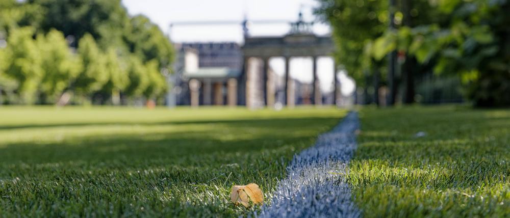 Riesige Kunstrasen-Fanmeile mit Public Viewing zur Fußball-Europameisterschaft 2024 im Berliner Tiergarten vor dem Brandenburger Tor. 