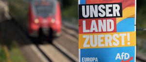 Ein Wahlplakat der AfD mit der Aufschrift „Unser Land zuerst“ hängt an einem Mast beim Bahnhof Marquardt.