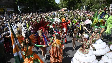 Revellers take part in the annual "Karneval der Kulturen" (carnival of cultures) street parade in Berlin, on May 28, 2023. The annual festival celebrates the German capital's ethnic and cultural diversity. (Photo by Tobias Schwarz / AFP)