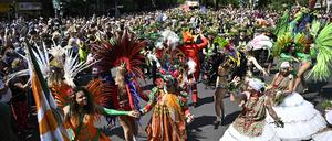 Revellers take part in the annual "Karneval der Kulturen" (carnival of cultures) street parade in Berlin, on May 28, 2023. The annual festival celebrates the German capital's ethnic and cultural diversity. (Photo by Tobias Schwarz / AFP)