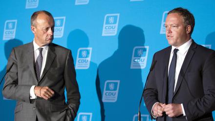 Friedrich Merz und Mario Voigt beim CDU Thüringen Jahresempfang im Club Central. Erfurt, 15.07.2021