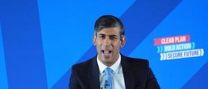 Der britische Premierminister und Parteivorsitzende der Konservativen, Rishi Sunak, stellt das Wahlprogramm der Konservativen Partei für die Parlamentswahlen vor.