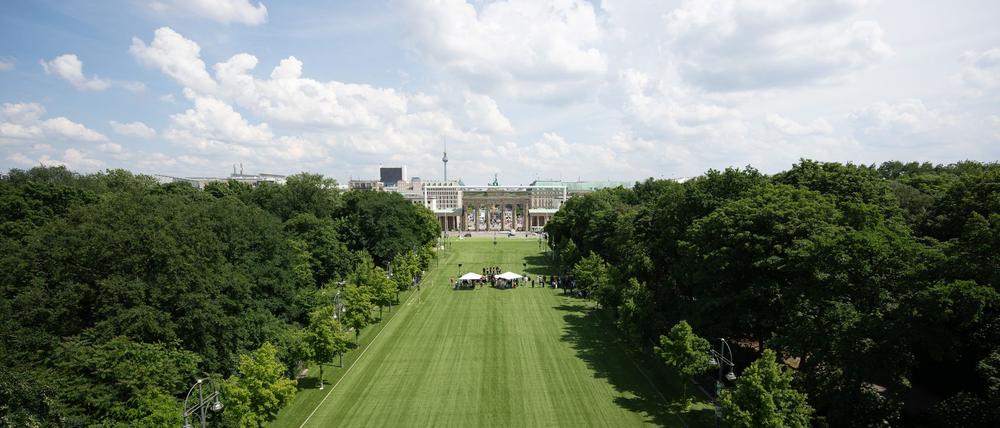 Zelte stehen während einer Pressekonferenz zu den Fanzonen bei der Fußball-Europameisterschaft 2024 rund um das Brandenburger Tor auf der mit Kunstrasen ausgelegten Fanmeile.