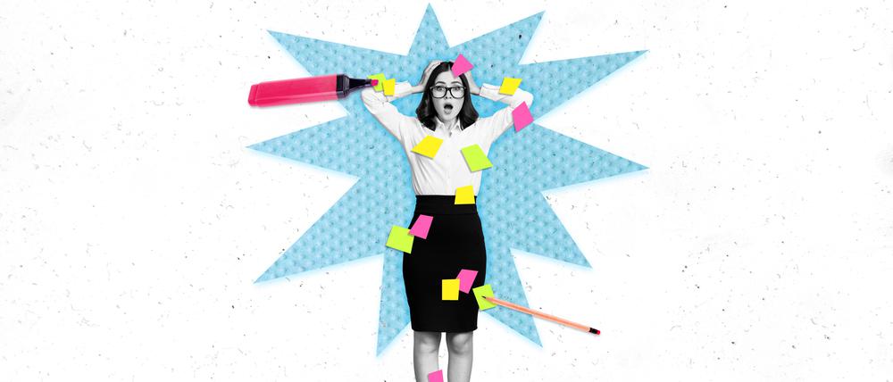Die Abbildung zeigt eine Frau, die von Post-its, Textmarker und Bleistift umringt ist.