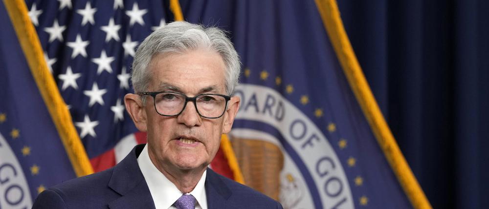 12.06.2024, USA, Washington: Der Vorsitzende des Federal Reserve Board Jerome Powell spricht während einer Pressekonferenz bei der Federal Reserve. Foto: Susan Walsh/AP +++ dpa-Bildfunk +++