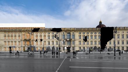 Verdrängte historische Spuren am Berliner Stadtschloss sollen sichtbar gemacht werden, hier sind Spuren von Sprengbomben schwarz markiert.