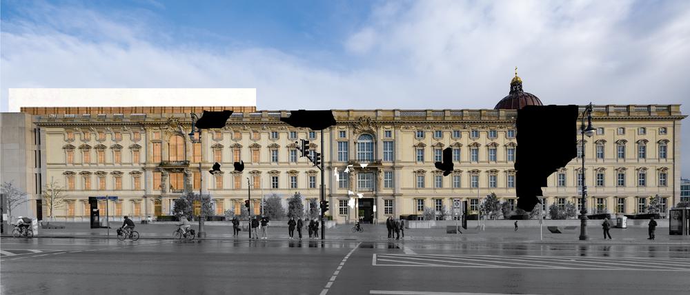 Verdrängte historische Spuren am Berliner Stadtschloss sollen sichtbar gemacht werden, hier sind Spuren von Sprengbomben schwarz markiert.