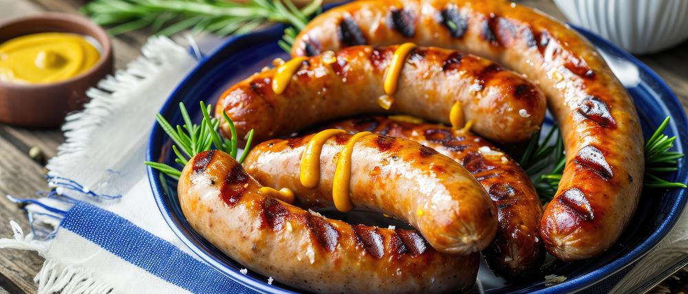 Ein Teller mit frisch gegrillten Bratwürsten.