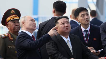 (FILES) In this pool photo distributed by Sputnik agency, Russia's President Vladimir Putin (centre L) and North Korea's leader Kim Jong Un (centre R) visit the Vostochny Cosmodrome in Amur region on September 13, 2023. North Korean leader Kim Jong Un on June 12, 2024 hailed his country's ties with Russia, saying the two nations were "invincible comrades-in-arms", amid reports President Vladimir Putin will visit Pyongyang imminently. (Photo by Mikhail Metzel / POOL / AFP)