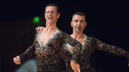 epa04874619 The male same-sex dance team Mario Houtsma-Gretch and Jan De Haas of the Netherlands competes during the European Championship in Same-Sex Dance at the EuroGames Stockholm 2015, in Stockholm, Sweden, 06 August 2015. EuroGames is among the world's largest lesbian, gay, bisexual, transgender, and queer (LGBTQ)-events, founded by the European Gay and Lesbian Sport Federation (EGLSF) in 1992. EPA/FREDRIK SANDBERG / TT SWEDEN OUT ++ +++ dpa-Bildfunk +++