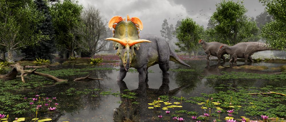 So könnte Lokiceratops vor 78 Millionen Jahren durch die Sumpflandschaft im heuten US-Bundesstaat Montana gezogen sein.