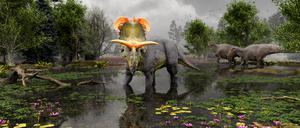 So könnte Lokiceratops vor 78 Millionen Jahren durch die Sumpflandschaft im heuten US-Bundesstaat Montana gezogen sein.