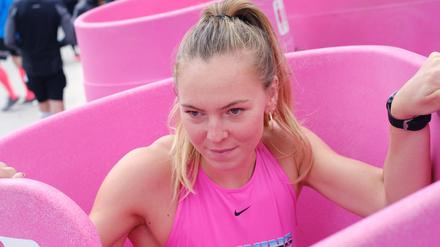 Die knallpinken Frauen-Urinale von LaPee beim Kopenhagener Halbmarathon im Oktober 2019. 