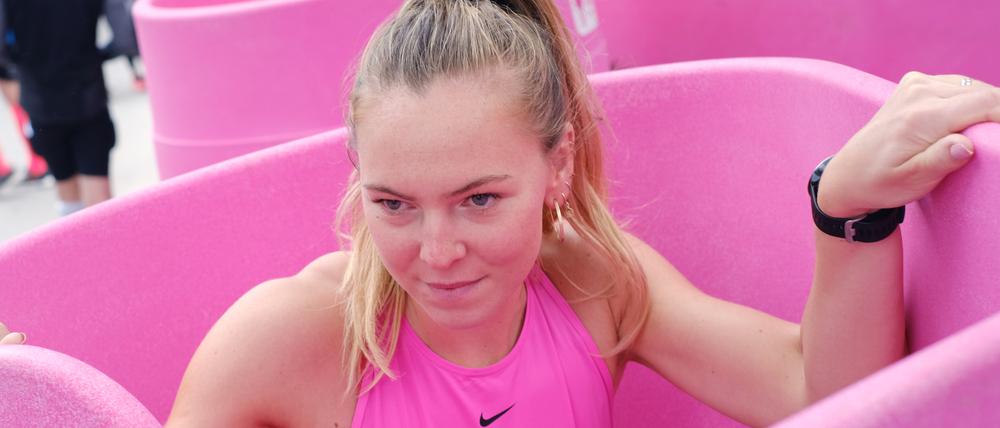 Die knallpinken Frauen-Urinale von LaPee beim Kopenhagener Halbmarathon im Oktober 2019.