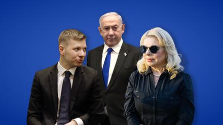 Sie reden mit: Yair Netanjahu (l.), Sohn des Premiers, und dessen Ehefrau Sara.