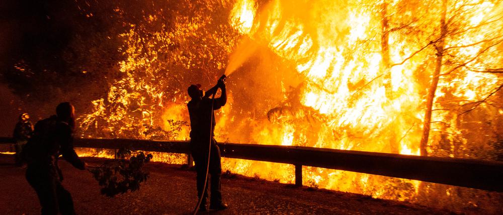Griechenland, Athen: Freiwillige Helfer unterstützten einen Feuerwehrmann bei den Löscharbeiten eines Waldbrandes (Archivbild vom 05.08.2021).