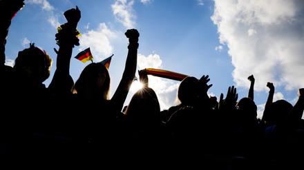 Fans jubeln beim Public Viewing in der Fanzone am Brandenburger Tor.