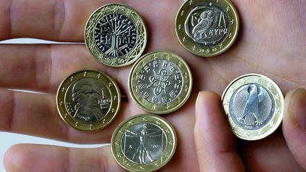 Eine junge Frau begutachtet am Dienstag die in ihrer Hand liegenden Euro-Münzen aus Frankreich (v.l. oben nach r. unten), Griechenland, Österreich, Portugal, Italien und Deutschland. 