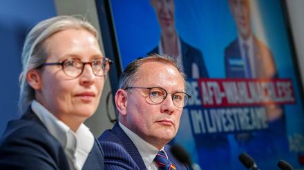 Alice Weidel und Tino Chrupalla geben nach der Europawahl eine Pressekonferenz. Im EU-Parlament ist die AfD isoliert.