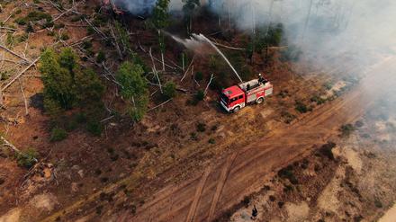 Einsatzkräfte der Feuerwehr bekämpfen in einem Waldstück ein Feuer. 