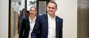 Die AfD-Vorsitzenden Tino Chrupalla und Alice Weidel wollen Parteichefs bleiben.