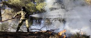 Ein Feuerwehrmann versucht einen Waldbrand auf Kreta zu löschen. 