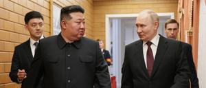Nordkoreas Diktator Kim Jong Un und Russlands Präsident Wladimir Putin am 18. Juni 2024 in Pjöngjang. 