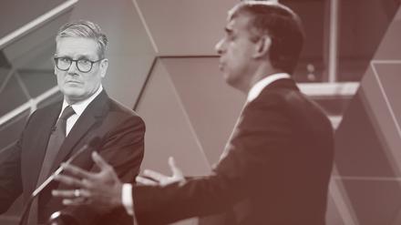 Keir Starmer (l.), Vorsitzender der Labour-Partei, und Rishi Sunak, Premierminister von Großbritannien, reden während ihrer TV-Debatte. 